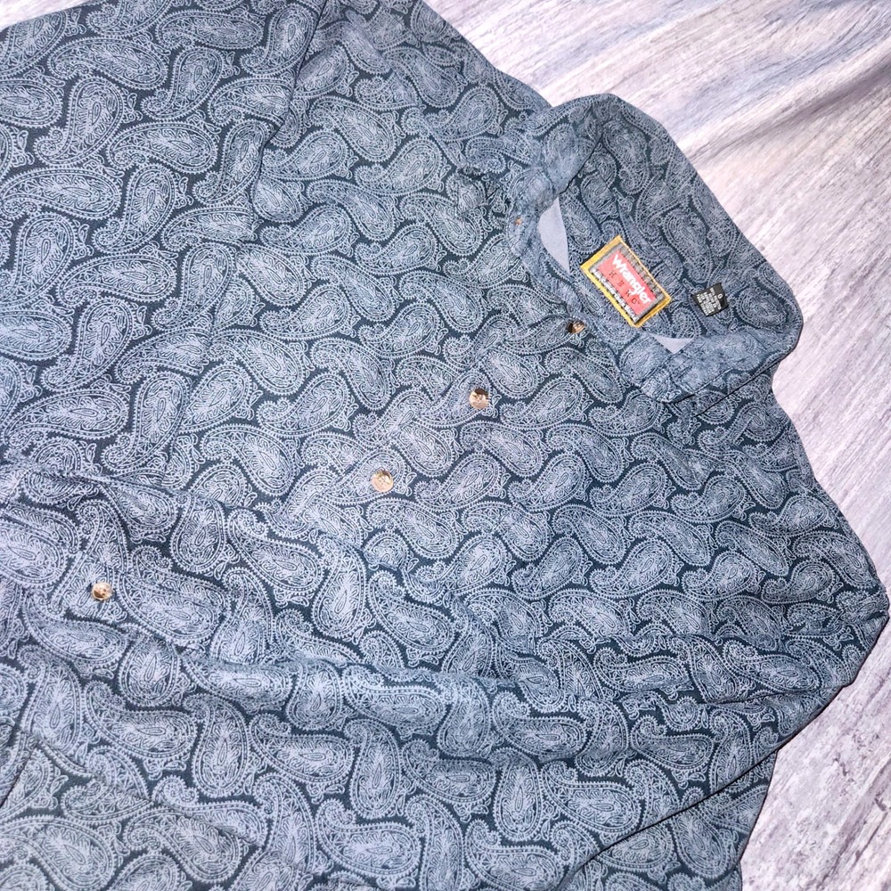 Wrangler Hero Mens Blue Paisley Suede Soft Button Down Long Sleeve Shirt Large